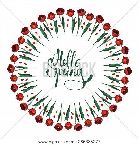 Round Frame With Red Tulips. Romantic Floral Wreath On White Background. Calligraphy Phrase Hello Sp