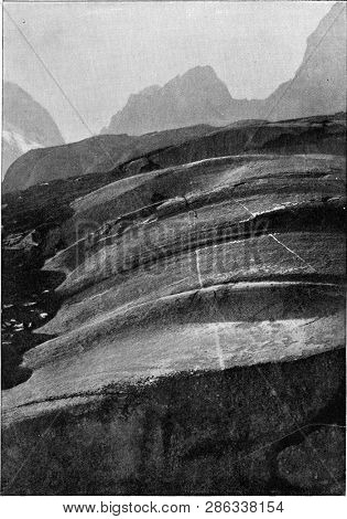 Roches moutonnees in the valley of Bergell, vintage photo. From the Universe and Humanity, 1910.
