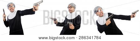 Man in nun dress with handgun 