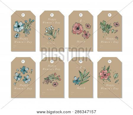 Vector Linear Design For Womens Day Greetings Elements On White Background. Spring Golidays Tags Set