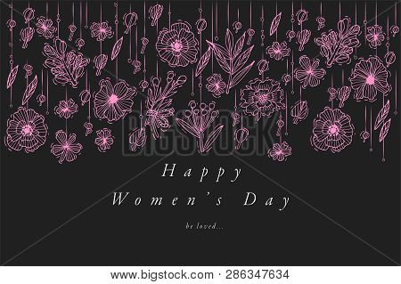 Vector Hand Draw Design For Womens Dayg Reetings Card Neon Color. Typography And Icon For 8 March Ba