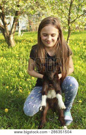 Girl And Baby Goat In Flowered Garden