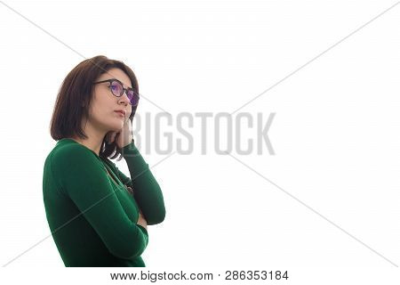 Tired Young Woman Holding Hand Under Cheek Looking Away Undisposed Isolated Over White Background Wi