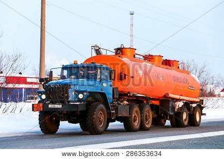 Novyy Urengoy, Russia - February 22, 2019: Semi-trailer Truck Ural 44202 At The Interurban Road.