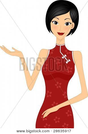 ภาพประกอบของผู้หญิงสวม Cheongsam ที่นำเสนอสิ่งที่