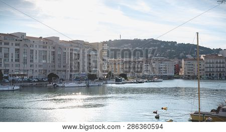Sete, France - January 4, 2019: View Of The Marina In The City Center Where Pleasure Boats Are Parke