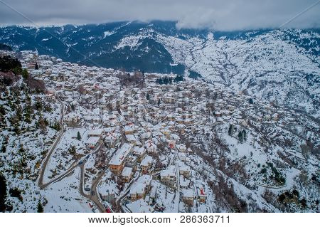 Aerial View Of The Snowy Metsovo Is A Town In Epirus, In The Mountains Of Pindus In Northern Greece