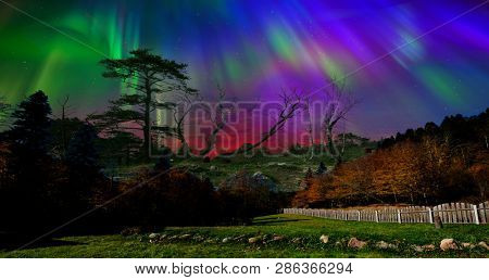 Beautiful northern lights of the northern part of the planet. Magnificent views of the ocean and northern lights with rocks and stones. Beautiful sea water plays with colors and light