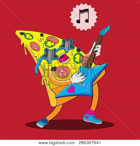 With Guitar Pizza Mascot Cartoon Style. Vector Image.