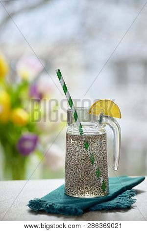 Chia Seeds In Glass Of Water, Close Up