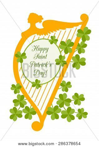 Vector Greeting Card With Orange Harp Silhouette, Clover Leaves And Quote 