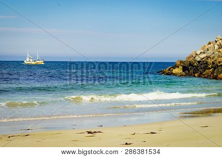 Seascape With Fishing Boat And Stone Breakwater, Bleik Village, Andoya Island, Vesteralen Archipelag