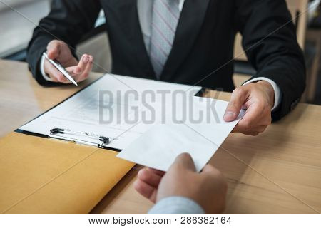 Businessman Sending A Resignation Letter To Employer Boss In Order To Resign Dismiss Contract, Chang