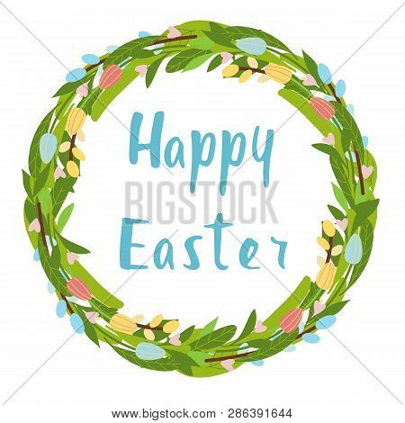 Happy Easter Flower Wreath With Tulips And Calligrapy