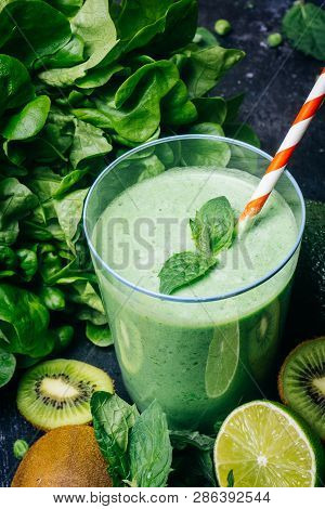 Green Detox Healthy Smoothie From Green Fruit - Avocado, Salad, Kale, Lime, Kiwi, Mint. Alkaline Die