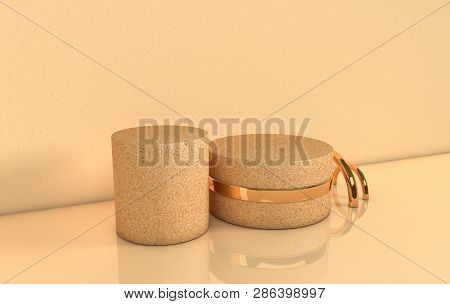 3d Rendered Gold And Pastel Bige Geometric Shapes, Podium In The Room. Set Of Platforms For Product 