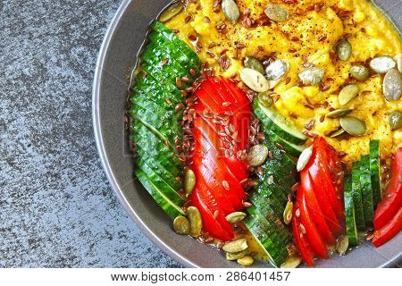 Polenta With Vegetables. Corn Porridge With Vegetables. Vegan Lunch Bowl With Corn Porridge. Vegan P