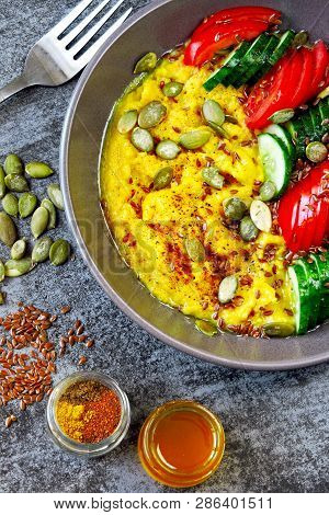 Polenta With Vegetables. Corn Porridge With Vegetables. Vegan Lunch Bowl With Corn Porridge. Vegan P