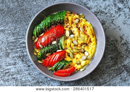 Polenta With Vegetables. Corn Porridge With Vegetables. Vegan Lunch Bowl With Corn Porridge. Vegan P