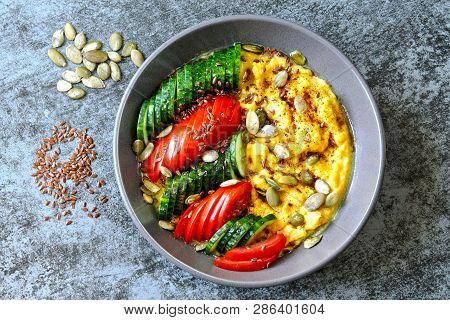 Polenta With Vegetables. Corn Porridge With Vegetables. Vegan Lunch Bowl With Corn Porridge. Vegan P