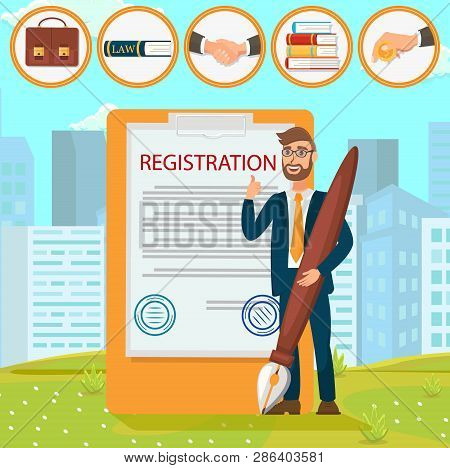 Vector Flat Young Man With Glasses Fills In Registration Documents Puts Signature Stamp. Law Firm Of