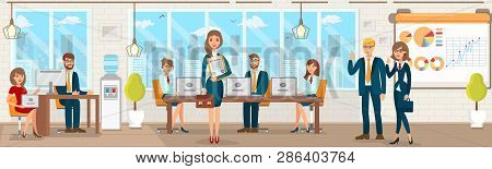 Registration Vector Flat Office With People Registering Various Subjects Firms. Girl In Red With Lap