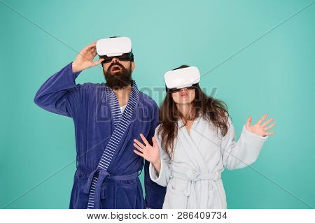 Virtual Reality. Love. Good Morning. Surprised Family In Vr Glasses. Couple In Love. Family In Virtu