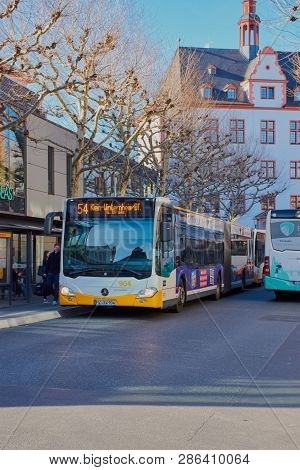 Mainz, Germany On Feb, 25 - 2019: Bus Stop: Hoefchen In Mainz City With Bus Line 54. A Bus Of The Mv