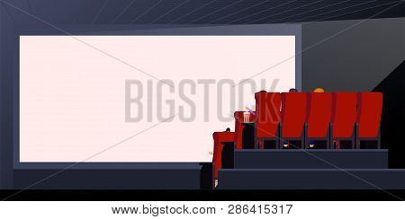 People Watching Movie. Empty Screen Vector Illustration. Theater Interior. Big Screen Sheet With Cop