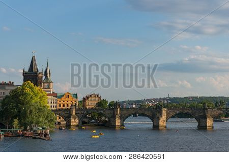 Prague, Czech Republic - May 21, 2018: Charles Bridge And Old Bridge Tower In Prague, Czech Republic