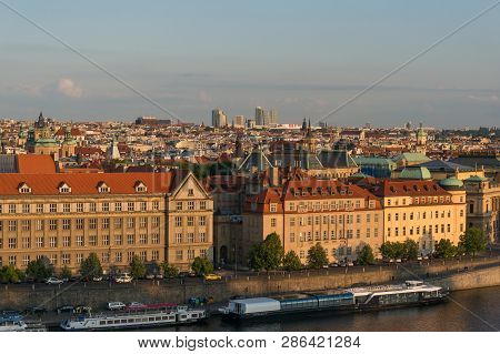 Prague, Czech Republic - May 21, 2018: Scenic Panoramic View Of Prague Cityscape And Vlatava River I