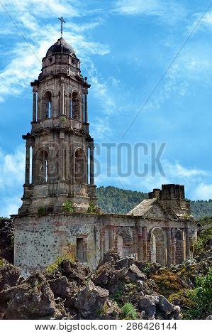 San Juan Parangaricutiro, Small Village Near The Paricutin Volcano In Michoacan, Mexico. Destroyed D