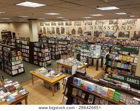 Barnes And Noble Bookstore Interior View Aerial Elevated View From Up Above The Rows Of Bookshelves 