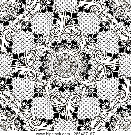 Baroque Ornate Vector Seamless Pattern. Lace Ornamental Floral Black And White Background. Repeat El