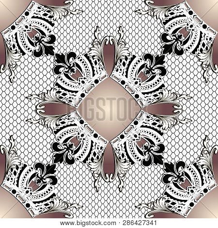 Baroque Ornate 3dvector Seamless Pattern. Lace Ornamental Floral Black And White Background. Repeat 