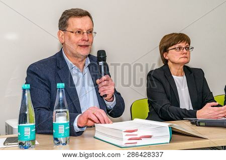 Vilnius, Lithuania - February 21, 2019: The International Vilnius Book Fair. D.junevičius Presents H