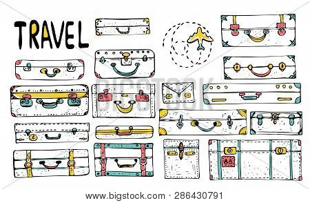 Travel Suitcases Vector. Seamless Pattern In The Style Of Hand Made