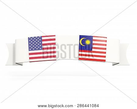 Banner With Two Square Flags Of United States And Malaysia