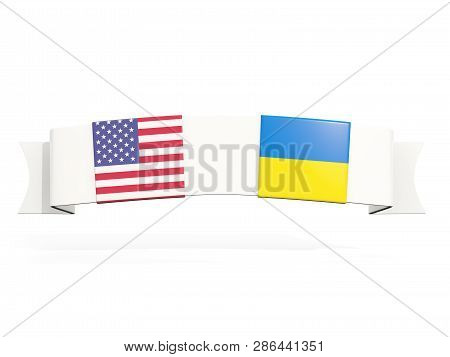 Banner With Two Square Flags Of United States And Ukraine