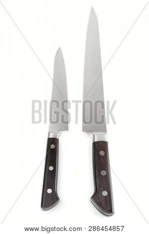 Two new stainless steel knives, isolated on white background with smooth shadows