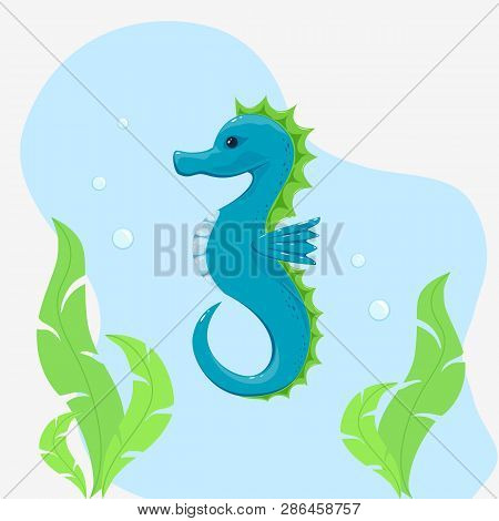 Blue Seahorse And Green Algae Under Water, Illustration.