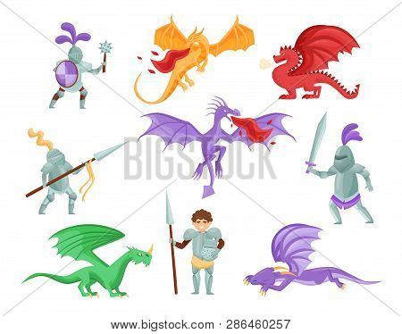 Flat Vector Set Of Dragons And Medieval Knights. Warriors In Iron Armor. Mythical Monsters With Larg