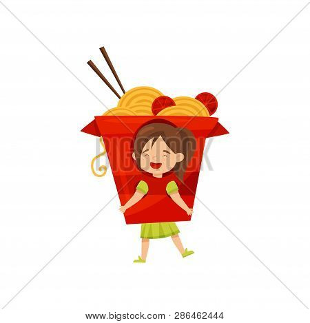 Funny Little Girl Dressed As Box Of Noddles With Tomatoes And Chopsticks. Kid In Carnival Costume. F