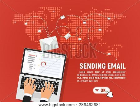 Sending And Receiving Email Vector Illustration. Send Mail Letters From Laptop To Anywhere In The Wo