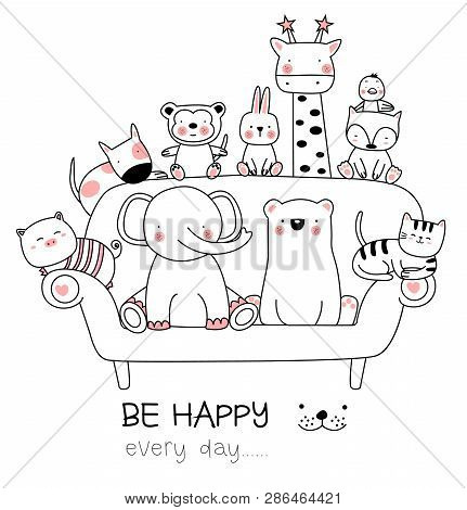 Cute Baby Animal With Sofa Cartoon Hand Drawn Style,for Printing,product,banner,t Shirt.vector Illus