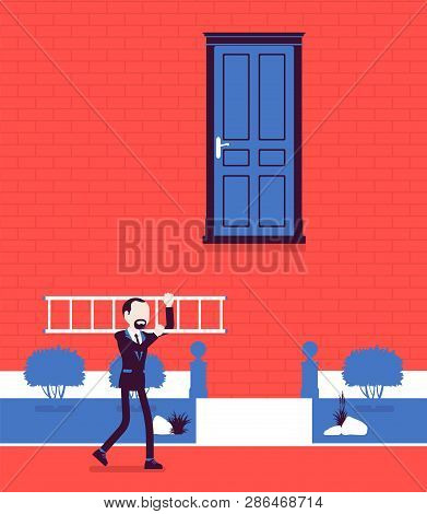 Goal Hard To Reach And Solution. Businessman Got Answer, A Ladder To Open Door, Takes Decision, Solv