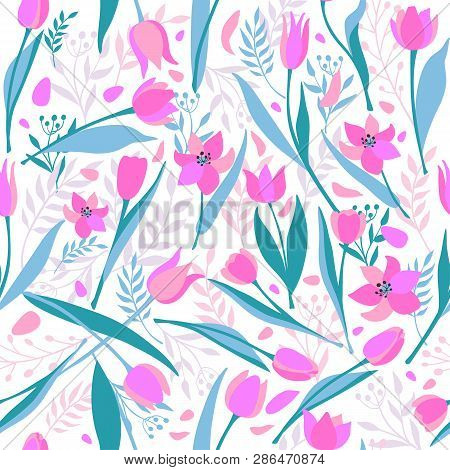 Vector Seamless Pattern Of Cute Stylish Tulips. Spring Illustration.
