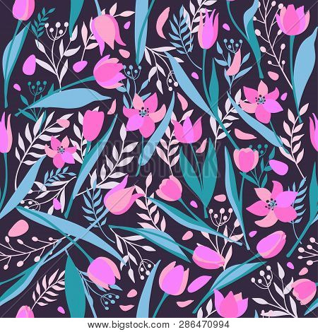 Vector Seamless Pattern Of Cute Stylish Tulips. Spring Illustration.