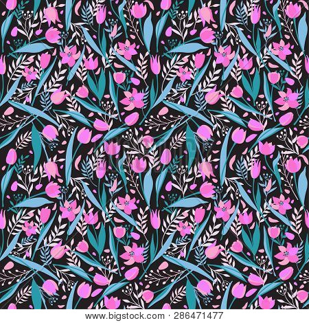 Vector Seamless Pattern Of Cute Stylish Tulips. Spring Illustration.