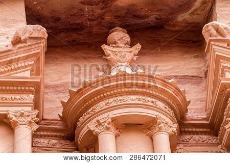 Close-up Of The Top Of Urn Of Al-khazneh In Petra, Jordan. Petra Is Unesco World Heritage Site And I